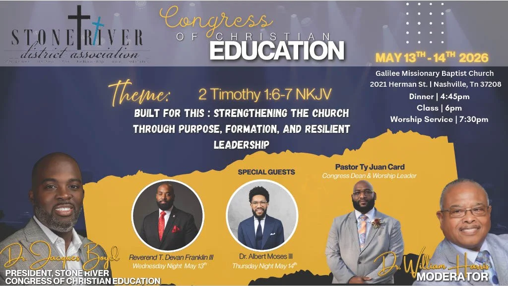 📣 Happening Today!

Join us tonight for the Stone River District Association Congress of Christian Education as our very own Pastor T. Devan Franklin, III brings the Word!

Come ready for a powerful time of worship, teaching, and growth as we lean i