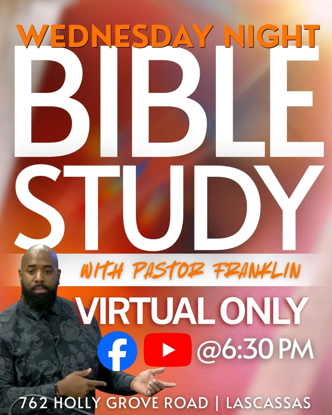 📖 Bible Study Tonight &ndash; VIRTUAL ONLY

Good morning, Bethel family!

tonight's Wednesday Night Bible Study will be VIRTUAL ONLY. Join Pastor Franklin online at 6:30 PM as we continue growing together in God's Word from wherever you are.

Tune i