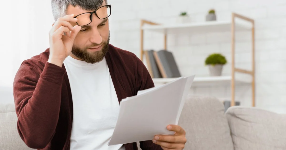 A man with black hair, a beard, and glasses reviews a last will and testament while sitting in his home.