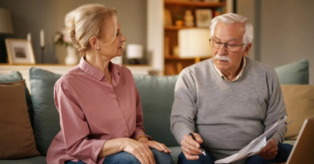 An older couple reviews estate planning papers on a living room couch beside a laptop and a coffee mug.