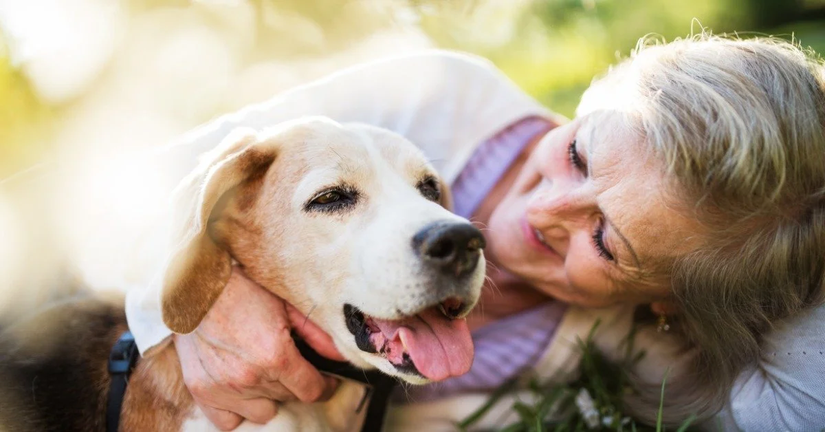 An older woman lies in the grass and gently hugs a happy dog with its tongue out in a sunlit outdoor setting.