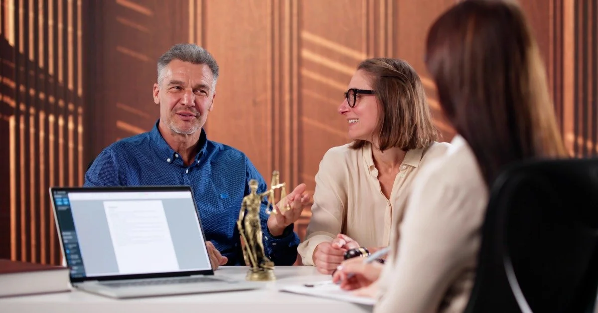 A gray-haired man speaking with a woman in glasses across a desk while another woman writes beside an open laptop.