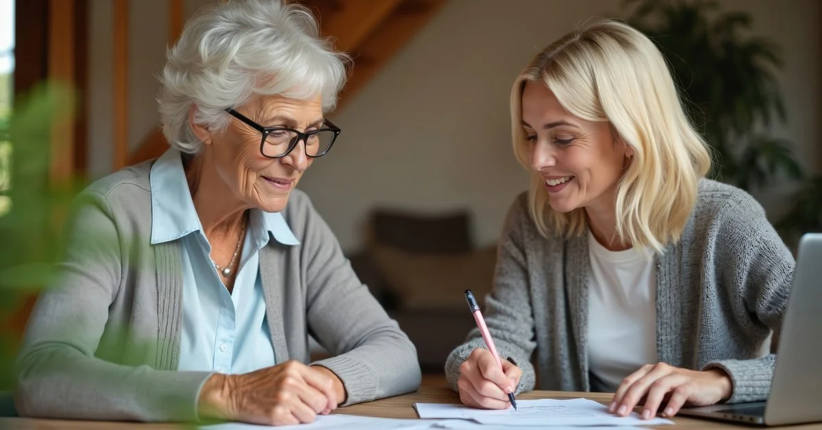 An older mother and adult daughter smile while reviewing paperwork together at a home table with a laptop nearby.