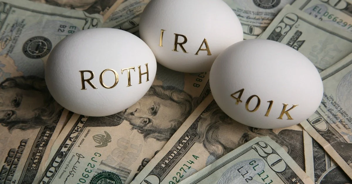 Three white eggs labeled ROTH, IRA, and 401K sit on a bed of overlapping US $20 bills, symbolizing retirement savings.