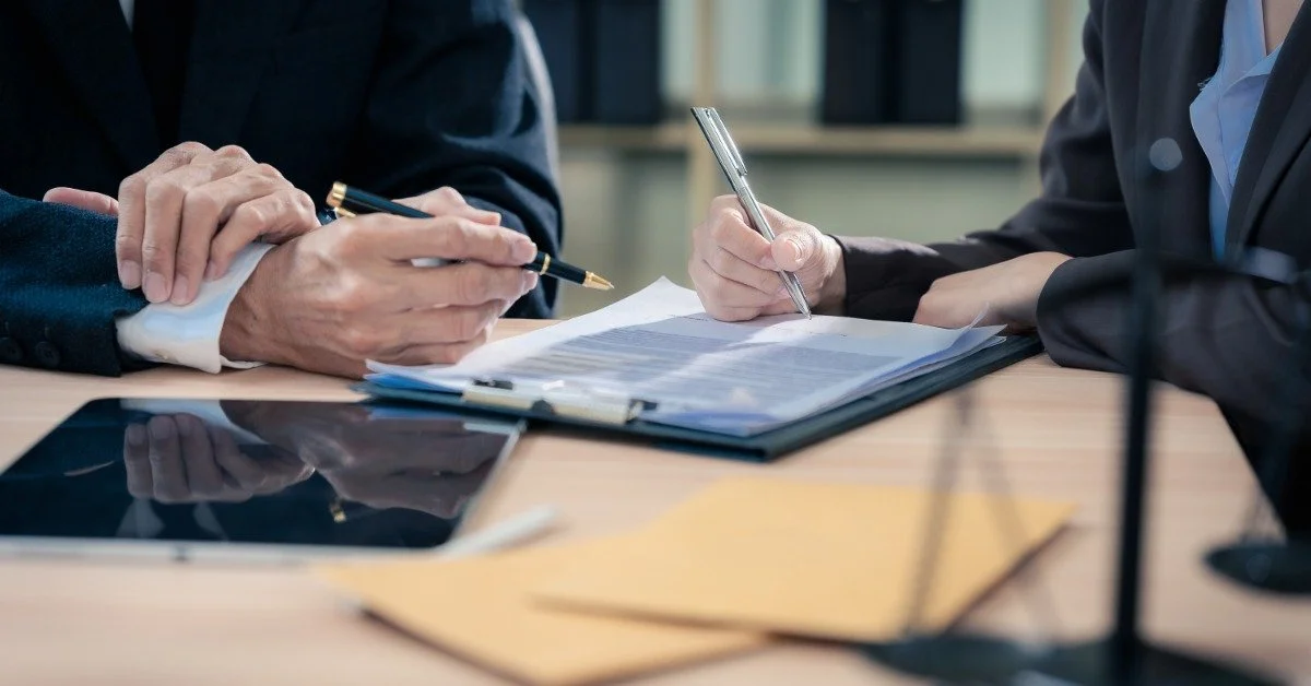 Two professionals review and sign documents together at a desk while another person points to the paperwork.
