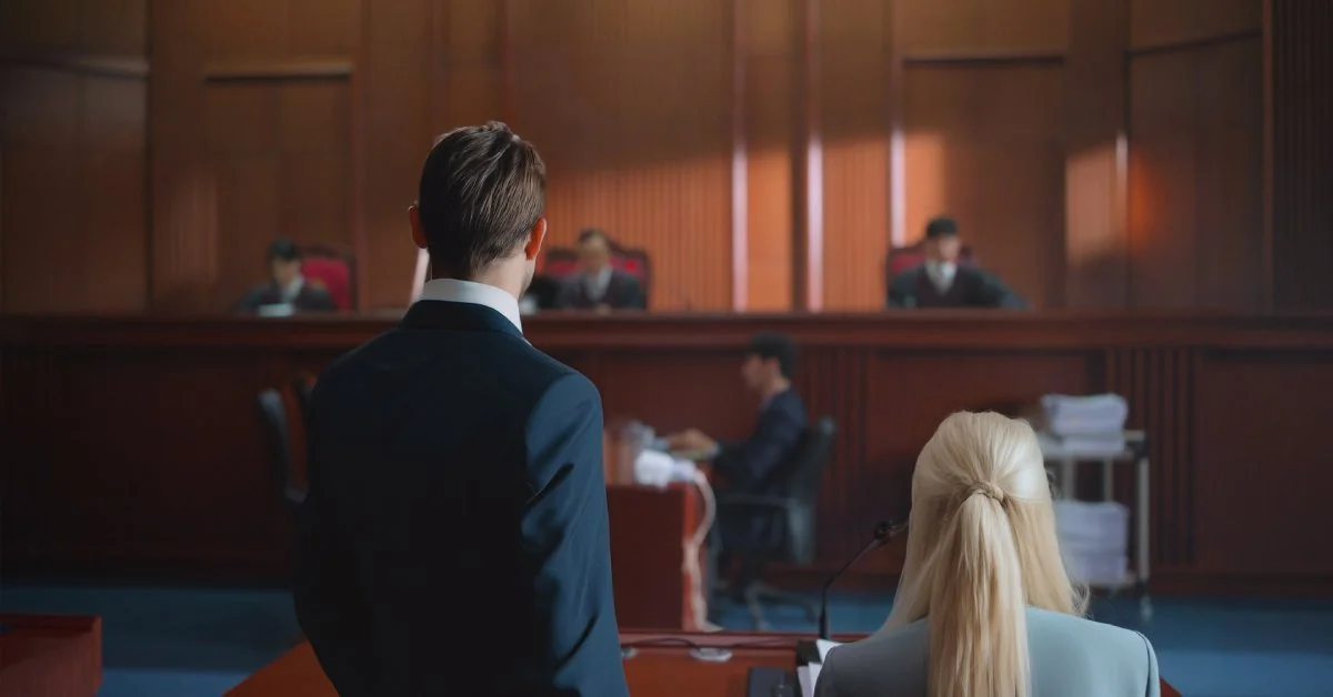 Two probate lawyers face a judge's bench in a probate courtroom. Wooden paneling, chairs, and soft lighting set the scene.