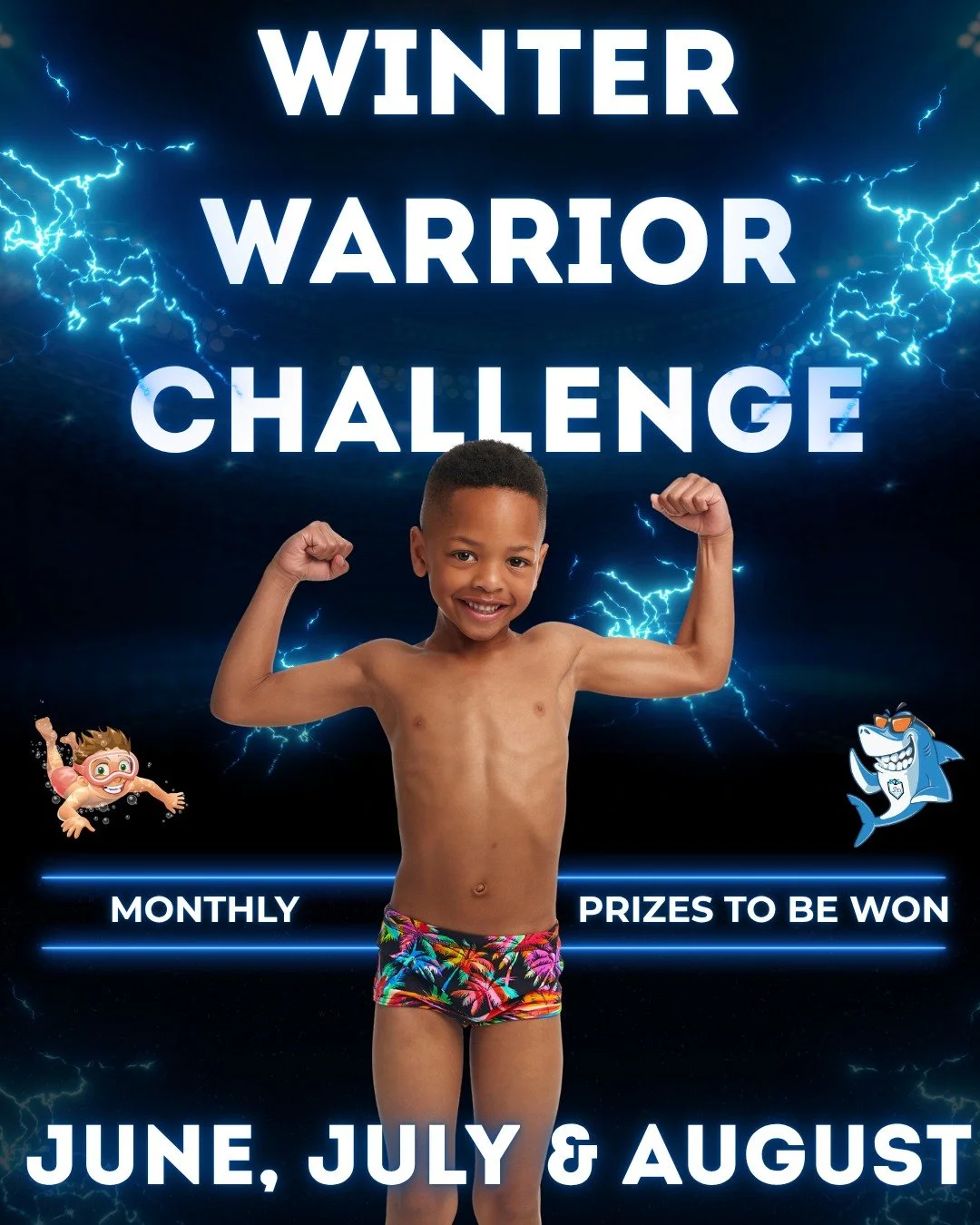 ❄️ WINTER WARRIOR CHALLENGE ❄️

Stay consistent this winter and go in the draw to WIN! 🏅

⭐ Attend your lessons
⭐ Collect 4 stamps each month
⭐ Enter the monthly prize draw!

🎁 PRIZES
Each month, 10 winners will be drawn:

🏆 1 swimmer will receive