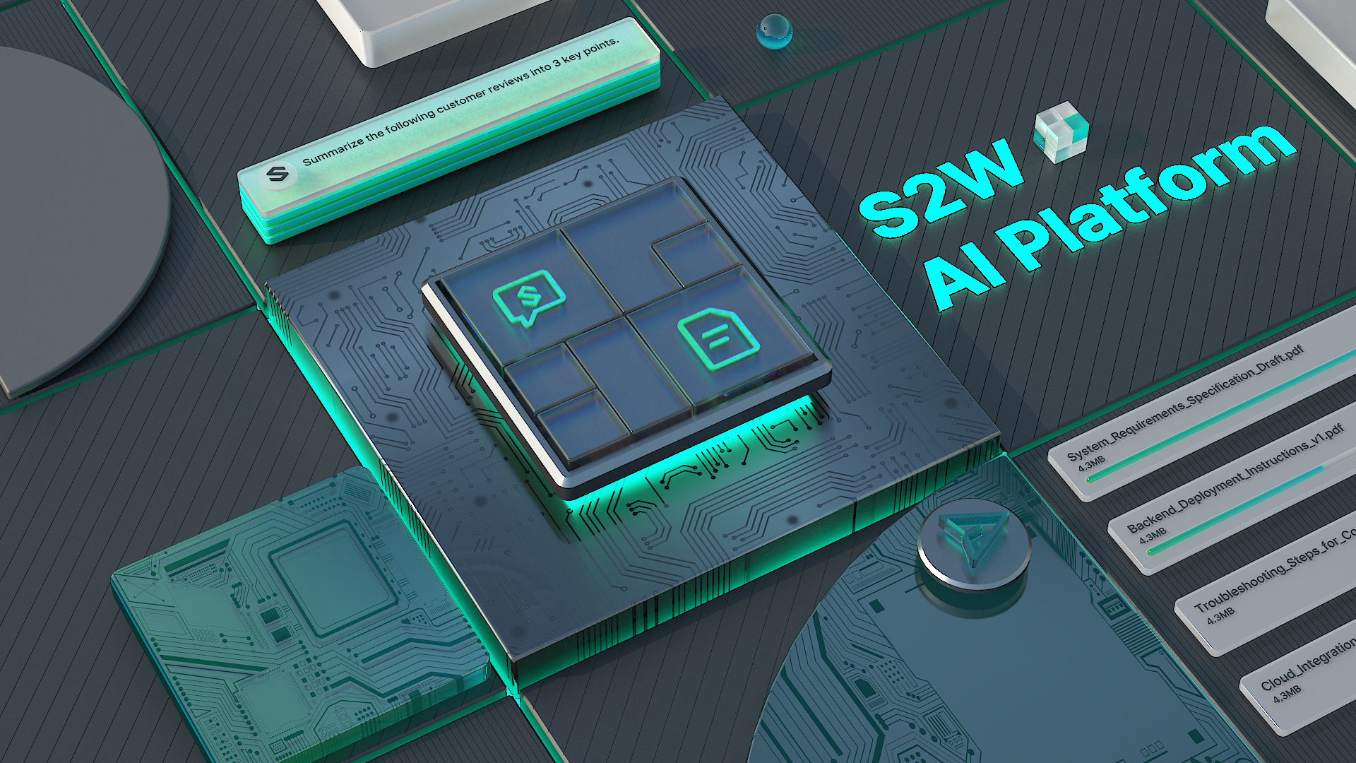 A digital illustration of a computer chip and circuit boards with glowing blue and green lights, featuring the text 'S2W AI Platform' and a small icon with an arrow pointing right.