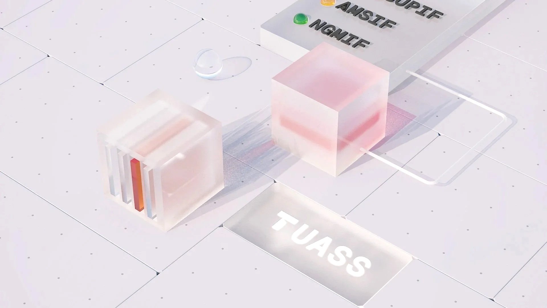 Close-up of translucent pink and white cubes, with the words 'TOXIC' and 'NASTIF' and 'NIGHT' printed on nearby tiles, on a white grid background.
