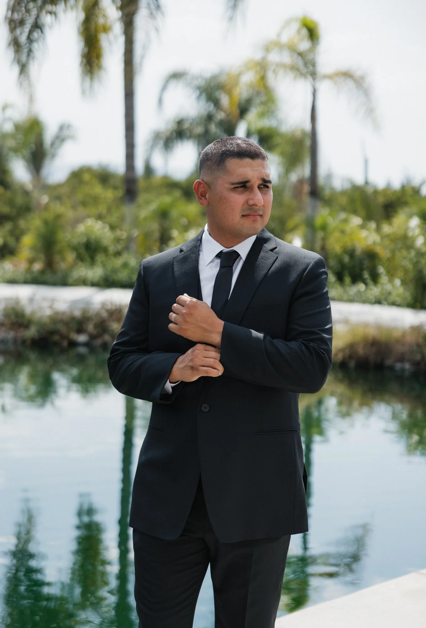 A editorial photographer takes a editorial photo of groom on his wedding day in Los Angeles California.