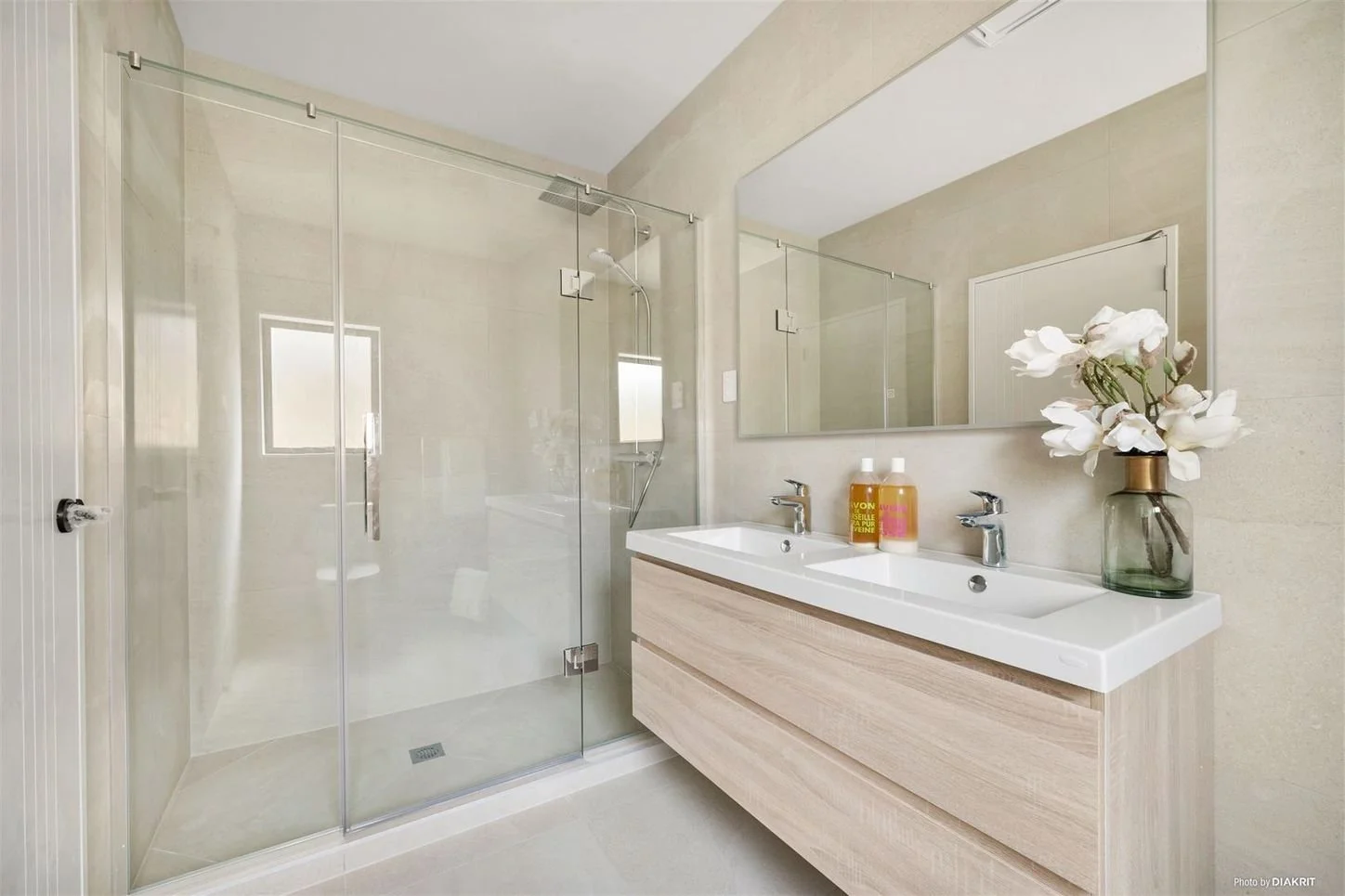 walk-in shower and 1200 vanity