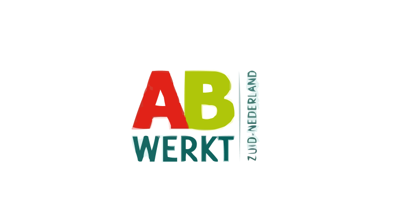 Tekst op afbeelding: 'AB werkt zonder beperking' met kleurrijke letters en een silhouet van een kind in de achtergrond.