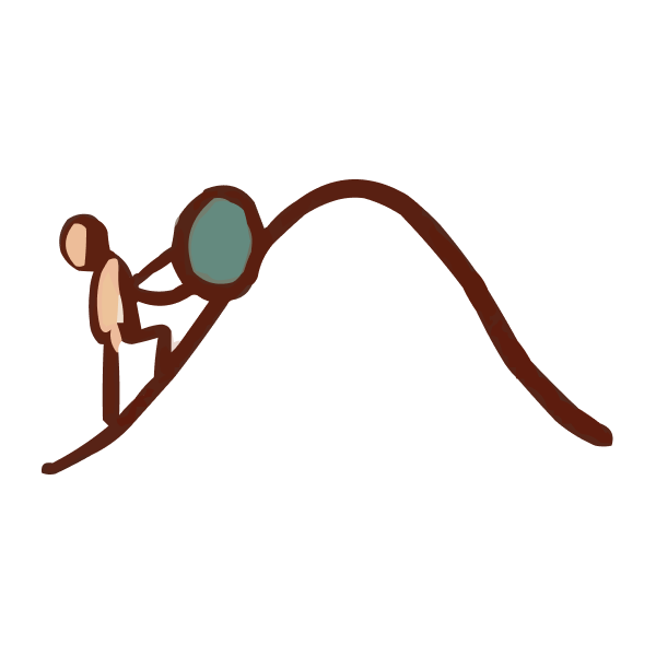 Twee personen beklimmen een berg, met één persoon die al bovenaan is en de andere die nog naar boven klimt.