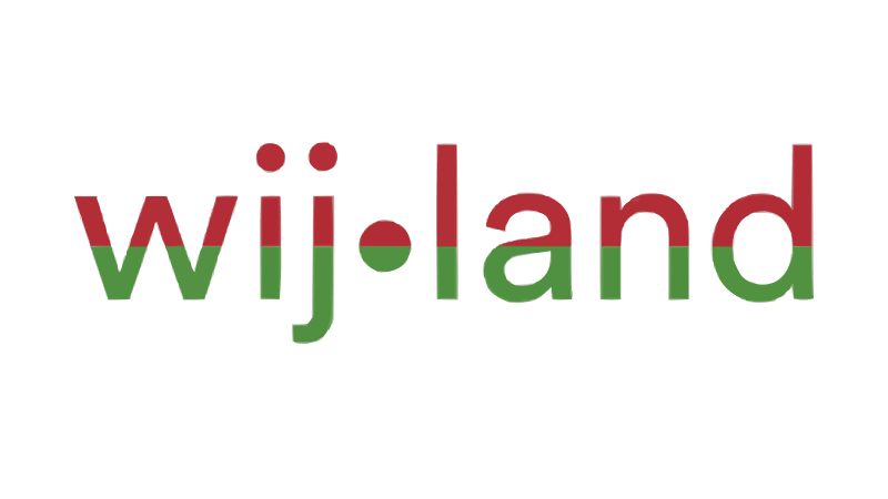 Logo met de woorden 'wij' in groen en 'land' in rood, gescheiden door een rode stip.