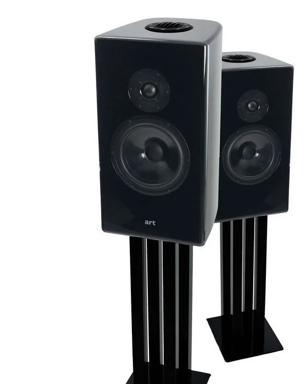 Pair of black studio speakers on black stands