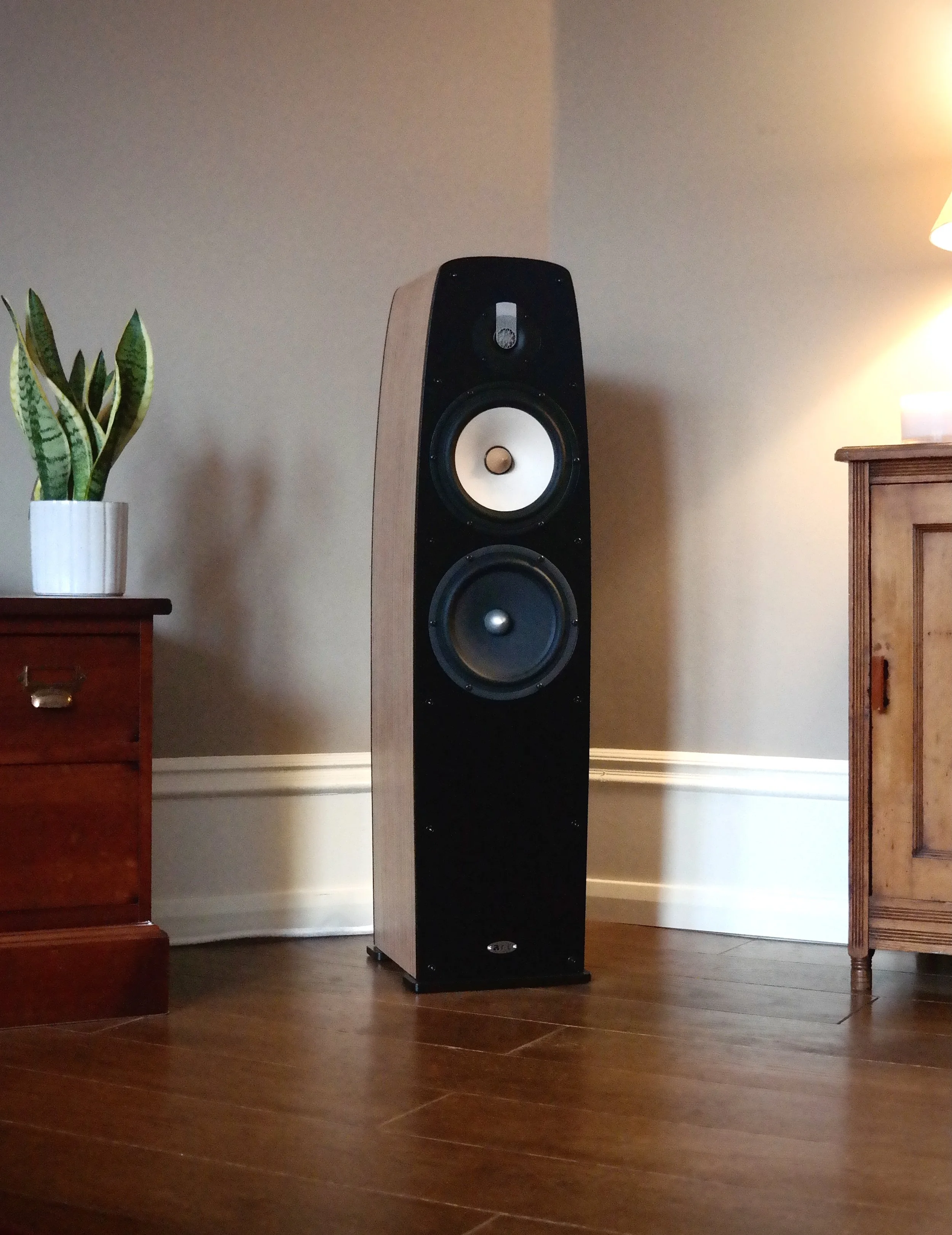 A tall speaker with a black front panel and wooden sides in a room with hardwood flooring, next to a wooden cabinet and a potted plant.