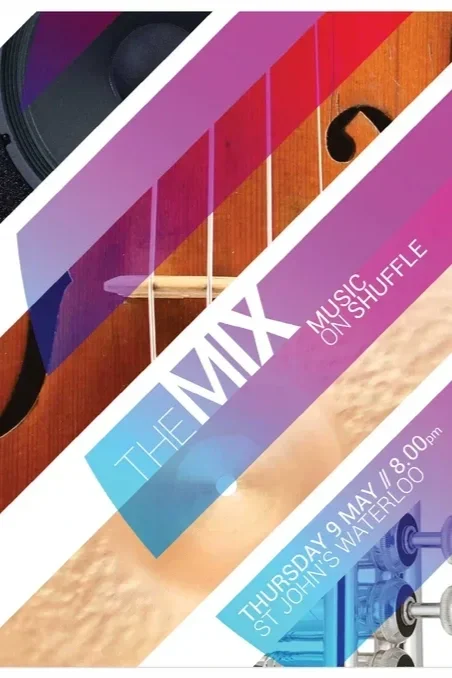 Promotional poster for a music event called 'The Mix' at St. John's Waterloo, featuring a violin, cymbal, trumpet, speaker, and a mixing console.