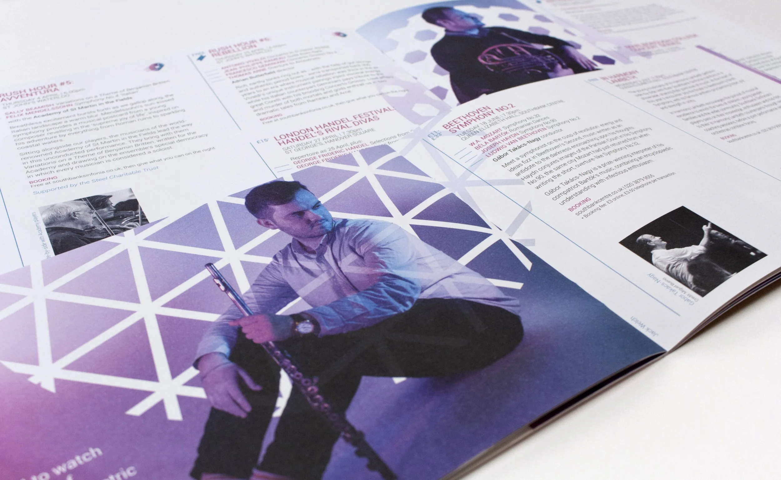 Colourful orchestra brochure pages featuring a large photo of a man sitting on the floor with a flute, set against a geometric background. Additional smaller images and text in red and black cover event details about musical performances.