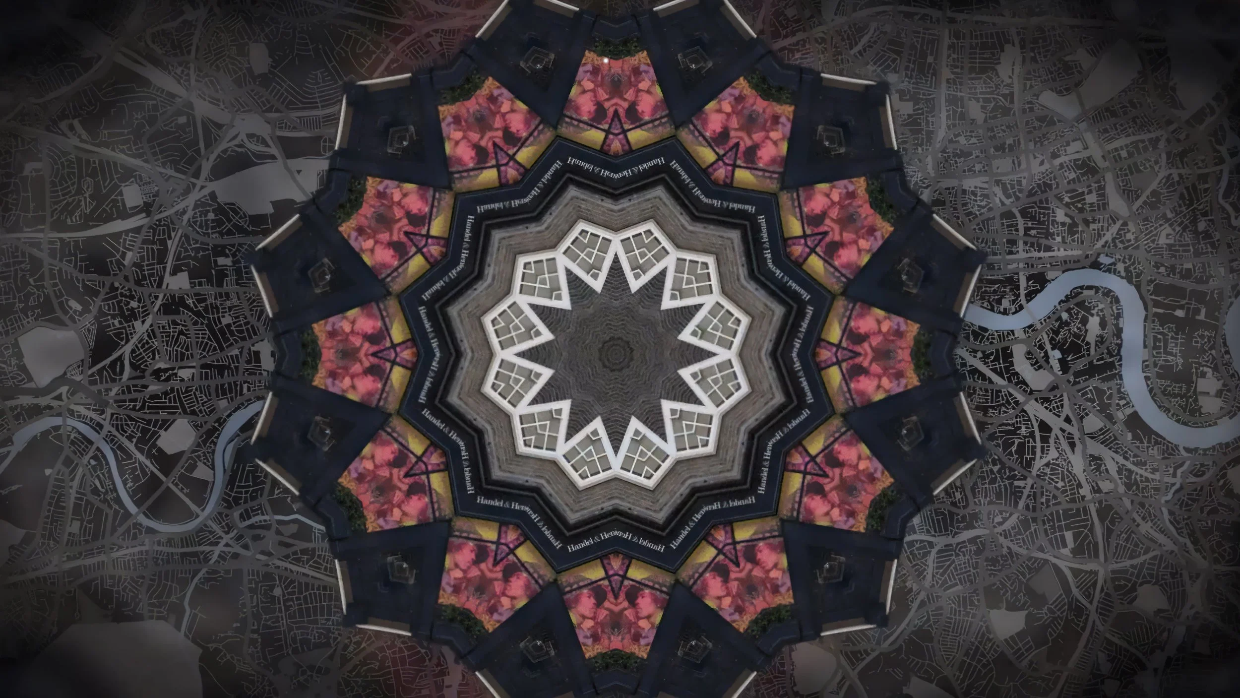 A London Kaleidoscope: A still image taken from an animation of a London house made into a kaleidoscope.
