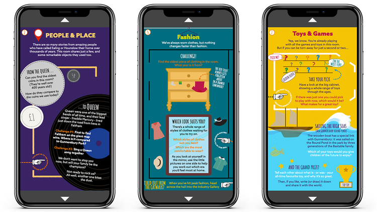 Gunnersbury Park, London: Three smartphones displaying museum trails on different topics, including People & Place, Fashion, and Toys & Games, with colourful graphics and text prompts.
