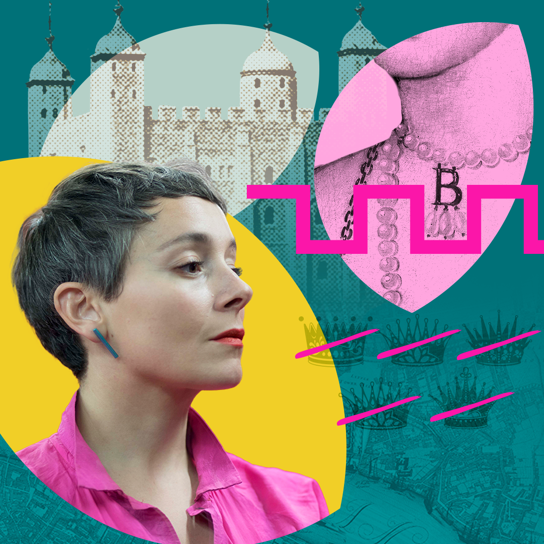 Anna Dennis: A woman with short hair wearing a pink shirt, looking to the side, with a collage background that includes the Tower of London, jewellery, Anne Boleyn and crowns, with vibrant colours and graphic elements. Classical music artwork.