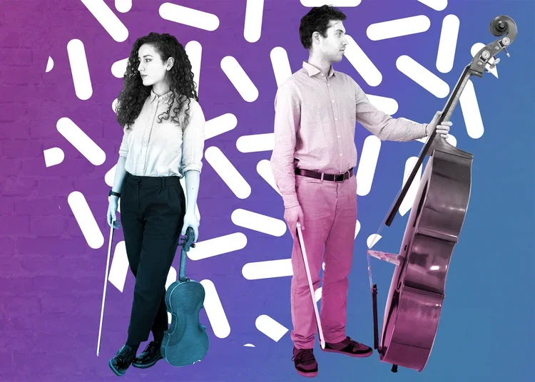 A man and woman each holding musical instruments, standing against a colourful background with abstract shapes. The woman holds a violin and bow, and the man plays a double bass, both looking away from each other. Musician photography, London.