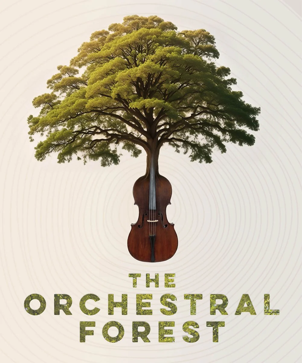 A tree with a green canopy growing from a violin, with the text "The Orchestral Forest" below.
