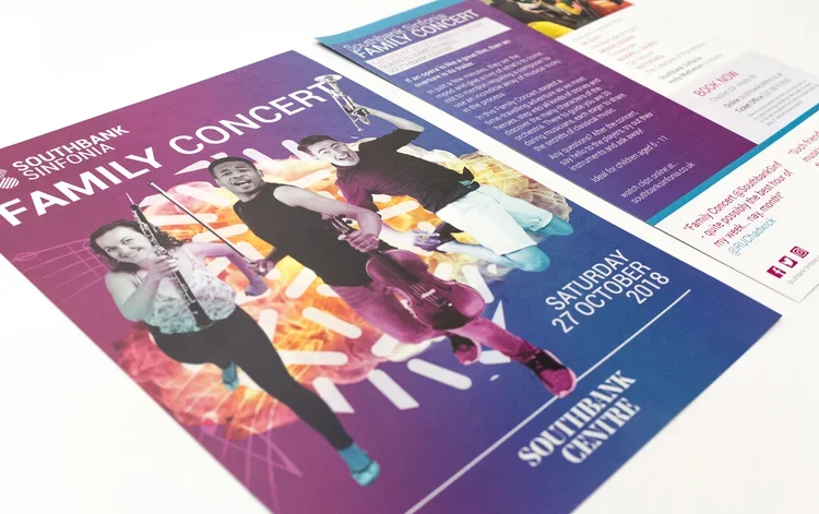 Flyer for Southbank Sinfonia Family Concert at Southbank Centre, featuring musicians dramatically running forwards.