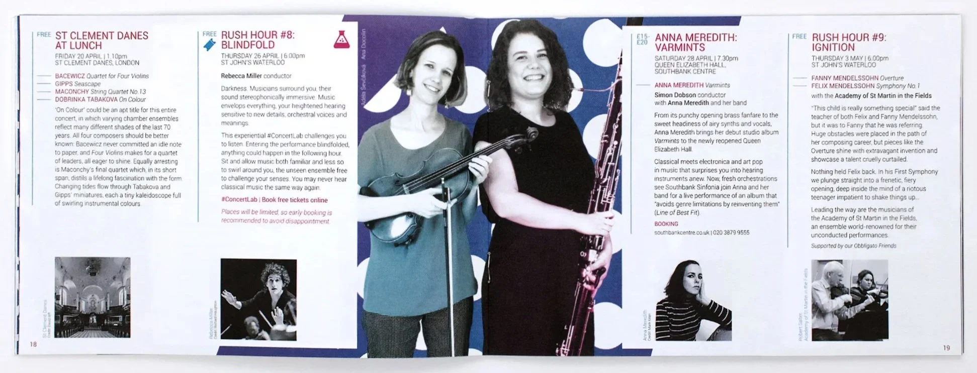 A brochure spread featuring upcoming classical music concerts in London, with black-and-white photographs of performers and concert venues, and a central colour photo of two women holding a violin and a saxophone. Orchestra Design, London.