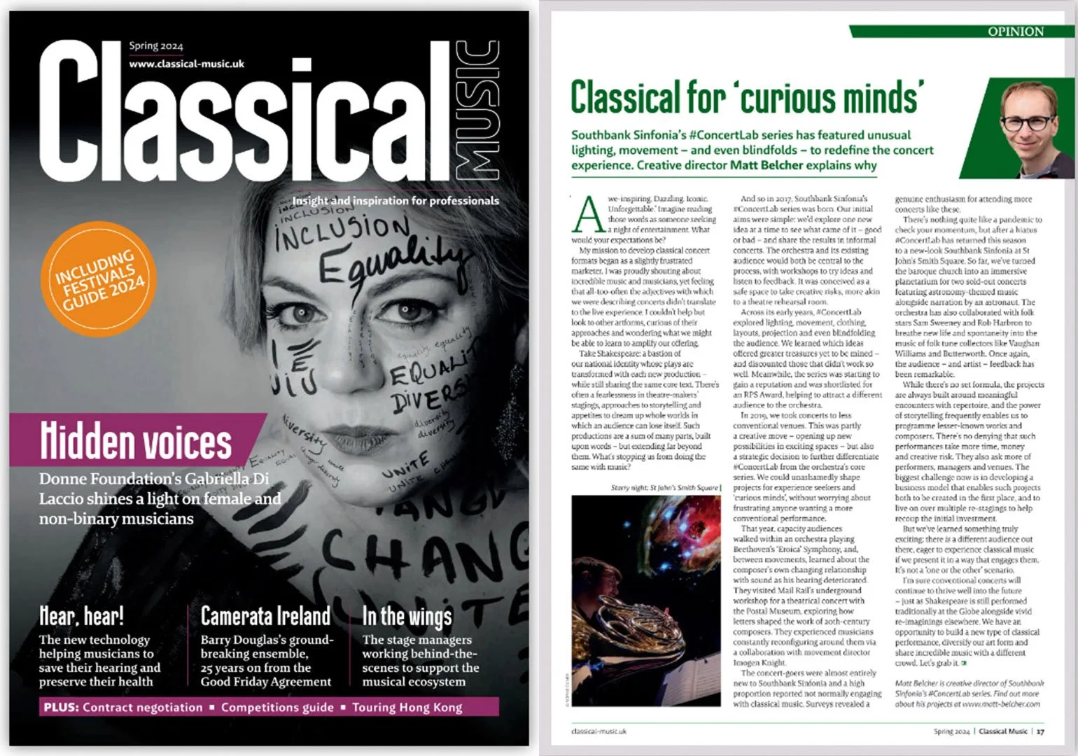 Cover of Classical Music magazine Spring 2024 issue showing a black and white face and an article page with the headline "Classical for 'curious minds'". Classical music writing by Matt Belcher.