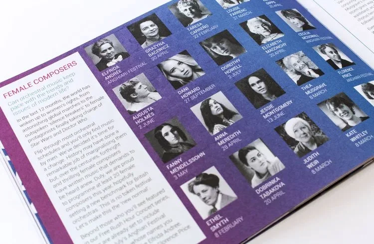 Page from a season brochure featuring portraits and names of female composers, with text explaining the importance of female composers in music history.