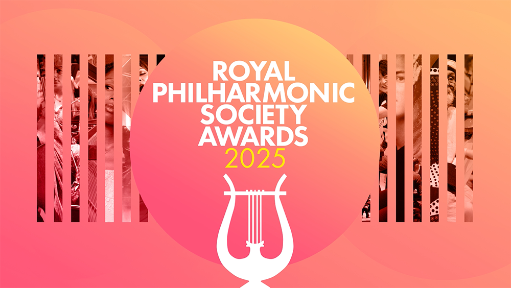 Graphic for the Royal Philharmonic Society Awards 2025 featuring a gradient background, black and white photos of people, and a white lyre icon in the center.