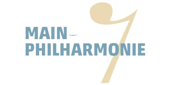 Logo of Main Philharmonie with text in blue and beige, featuring a stylized beige musical note.