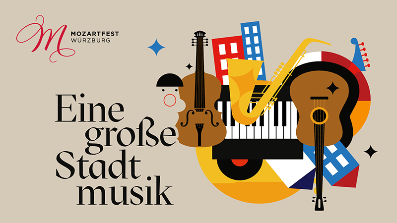 Poster for Mozartfest Würzburg featuring stylized musical instruments like a piano, guitar, saxophone, and violin, with colorful geometric shapes and text in German that reads 'Eine große Stadtmusik'.