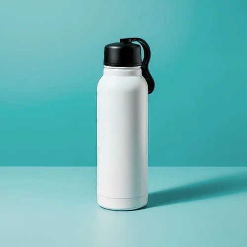 A white insulated bottle on a teal backdrop