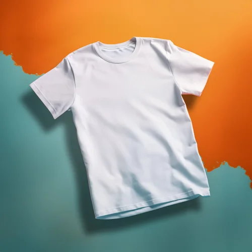 A white t-shirt on an orange and teal backdrop