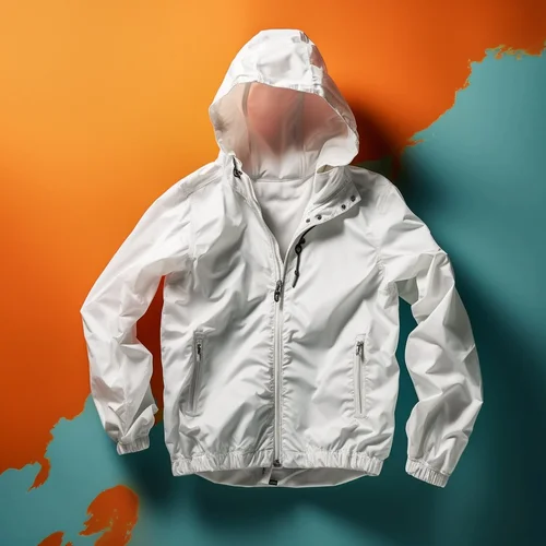 A white jacket on an orange and teal backdrop