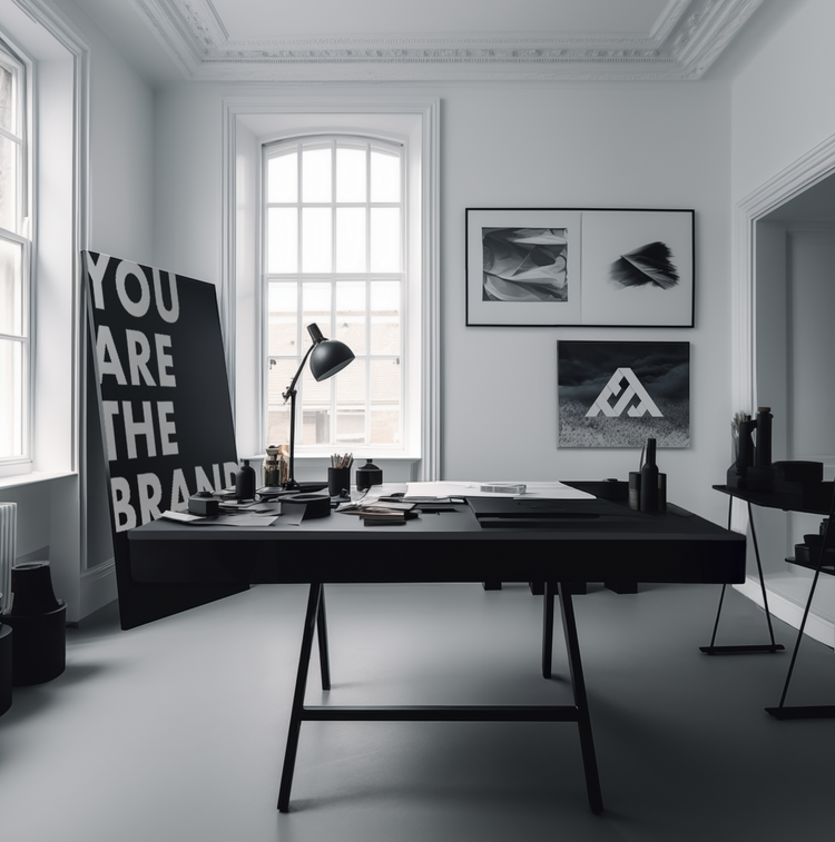 A bright modern office with a black desk, a lamp and the All Things Branding mark on the wall