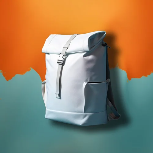 A white roll-top backpack on an orange and teal backdrop