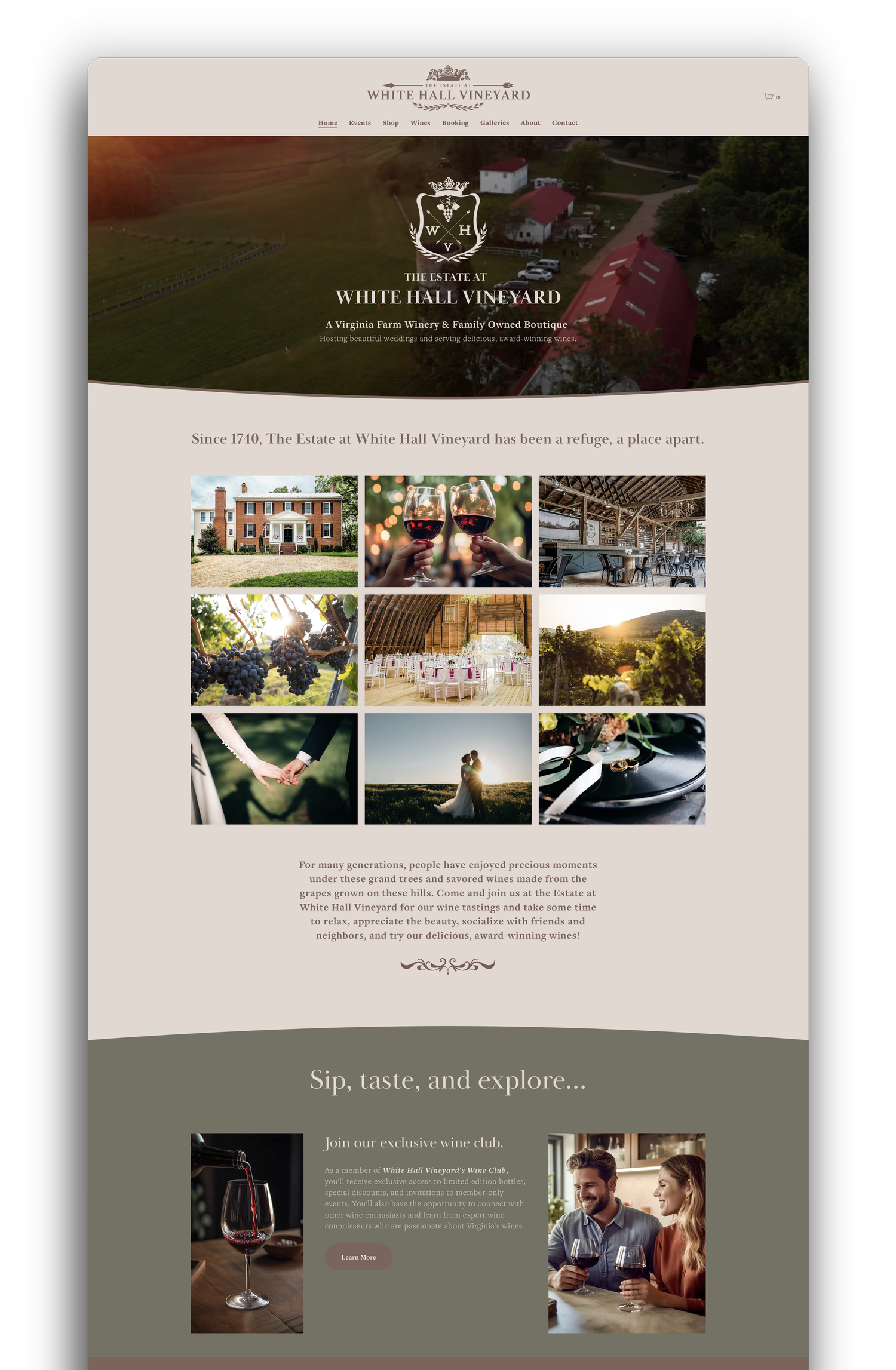 Screenshot of the The Estate at White Hall Vineyard website
