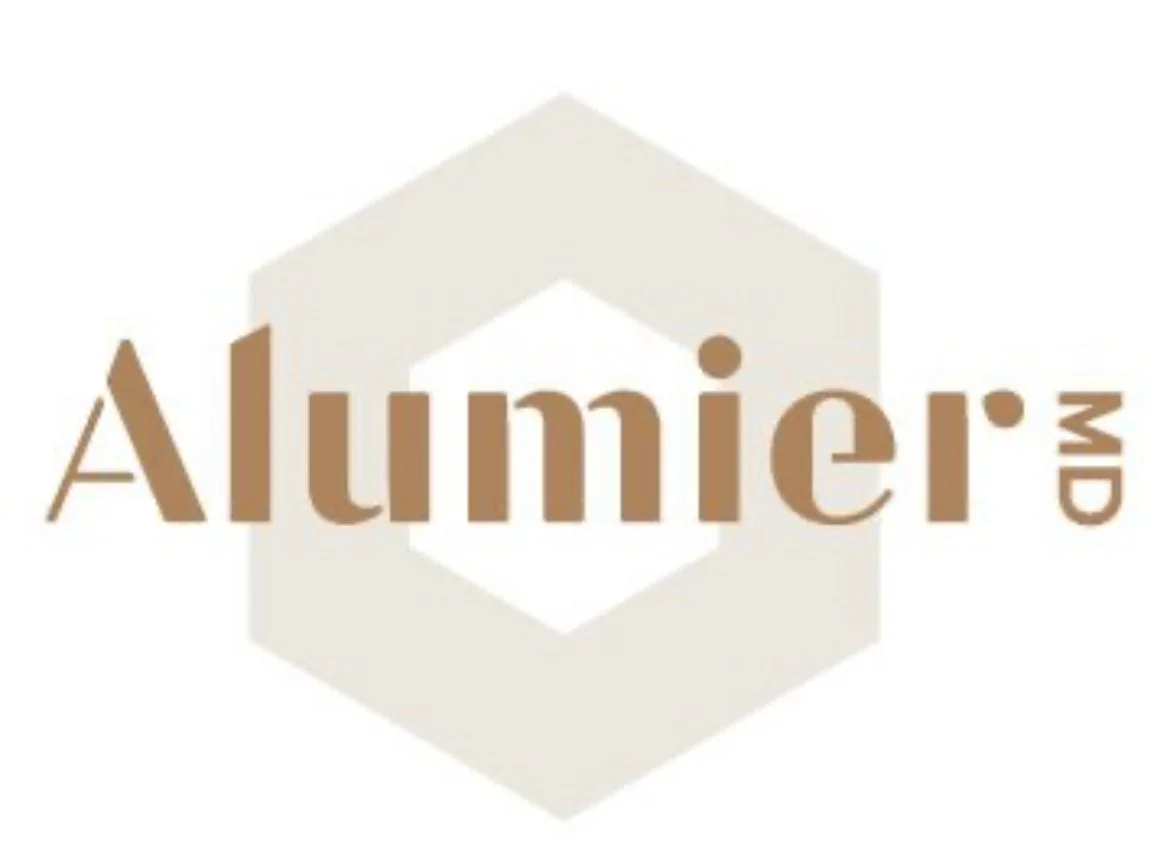 Alumier MD logo with beige and brown text and geometric background