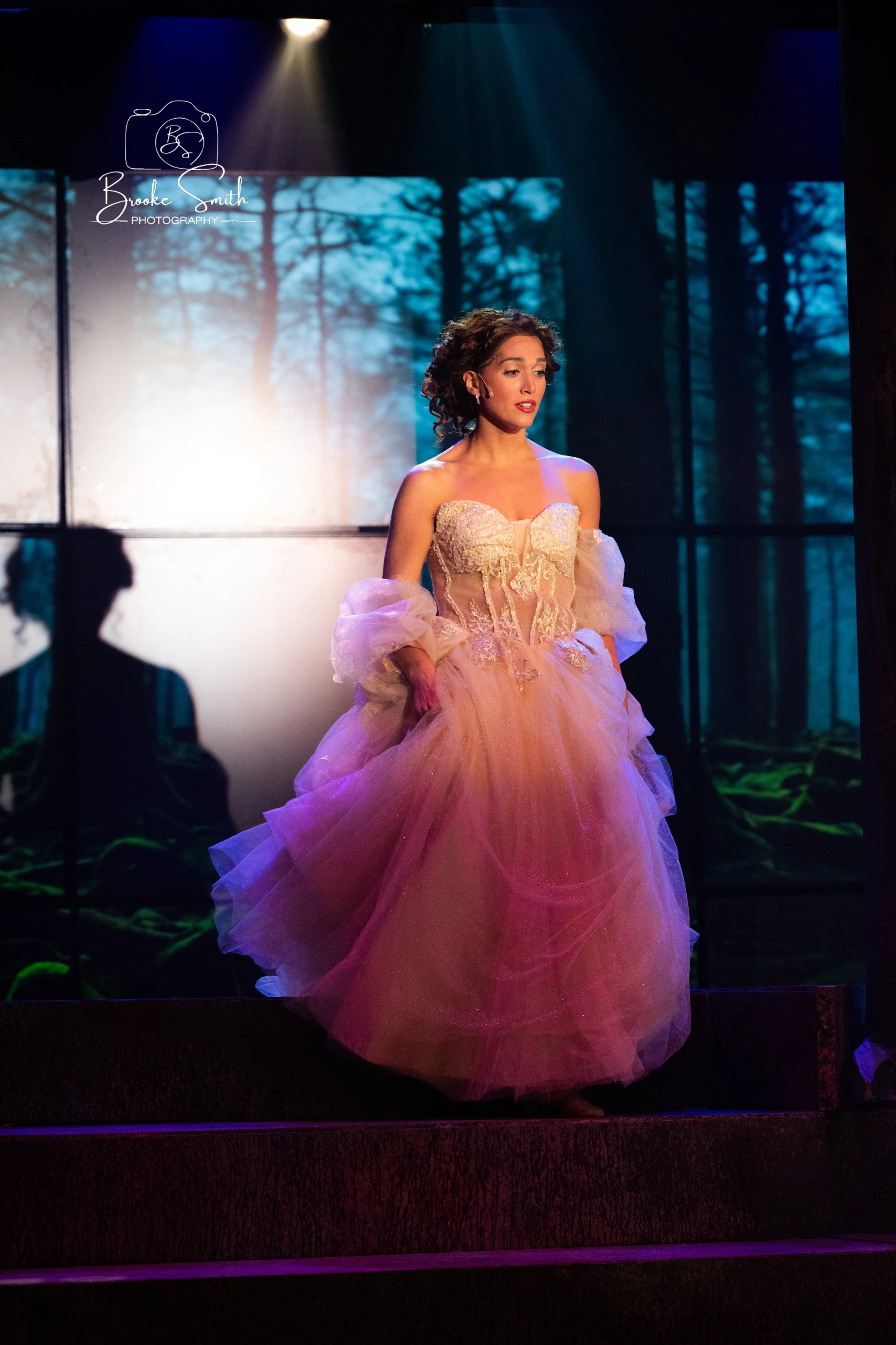 A woman wearing an elaborate pink ball gown with lace and ruffles stands on a stage with a forest scene in the background. There are lights shining down on her, with shadows of audience members visible in the foreground.