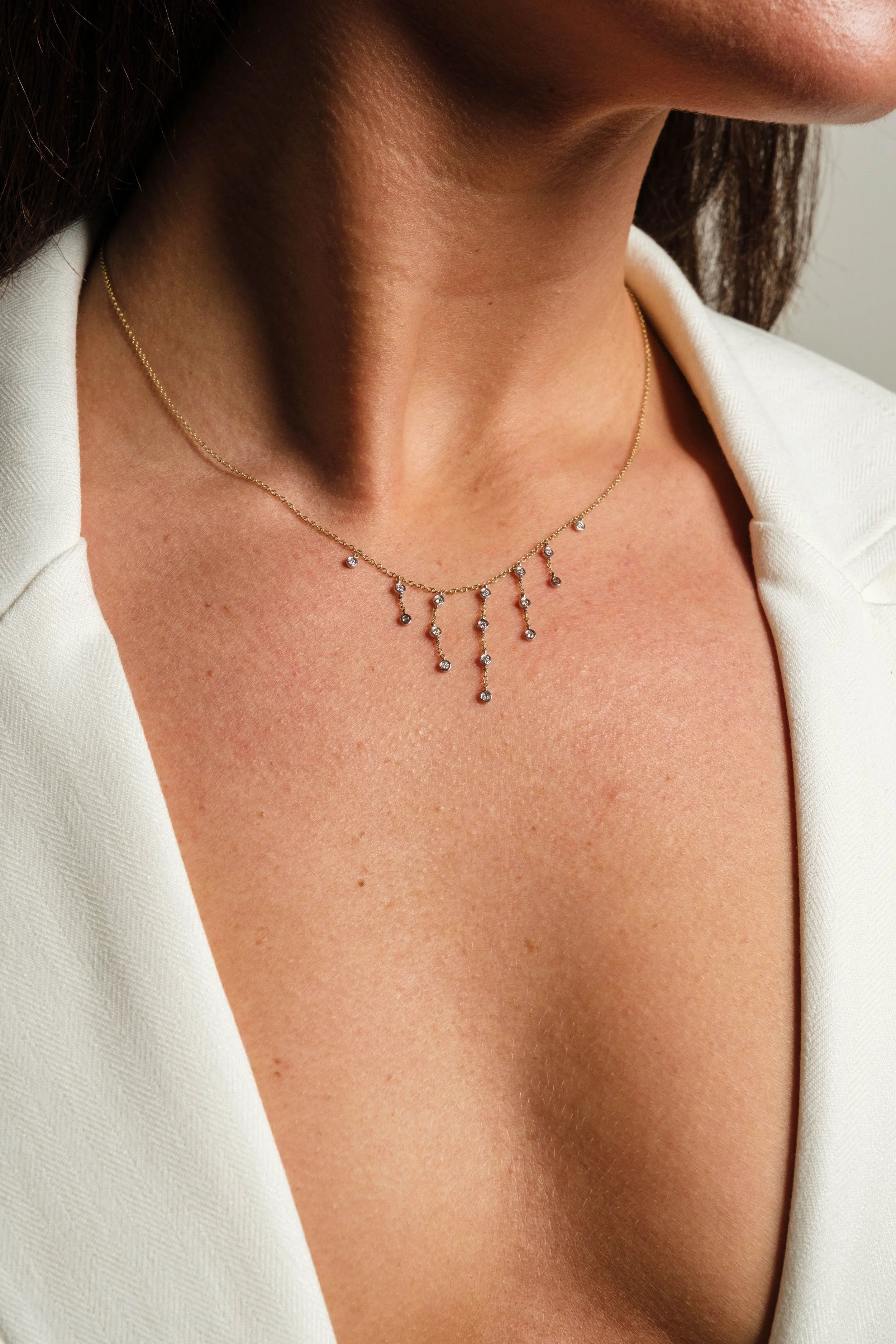 Close-up of a woman's neck and upper chest, wearing a delicate gold necklace with small dangling gemstones and a white blazer.