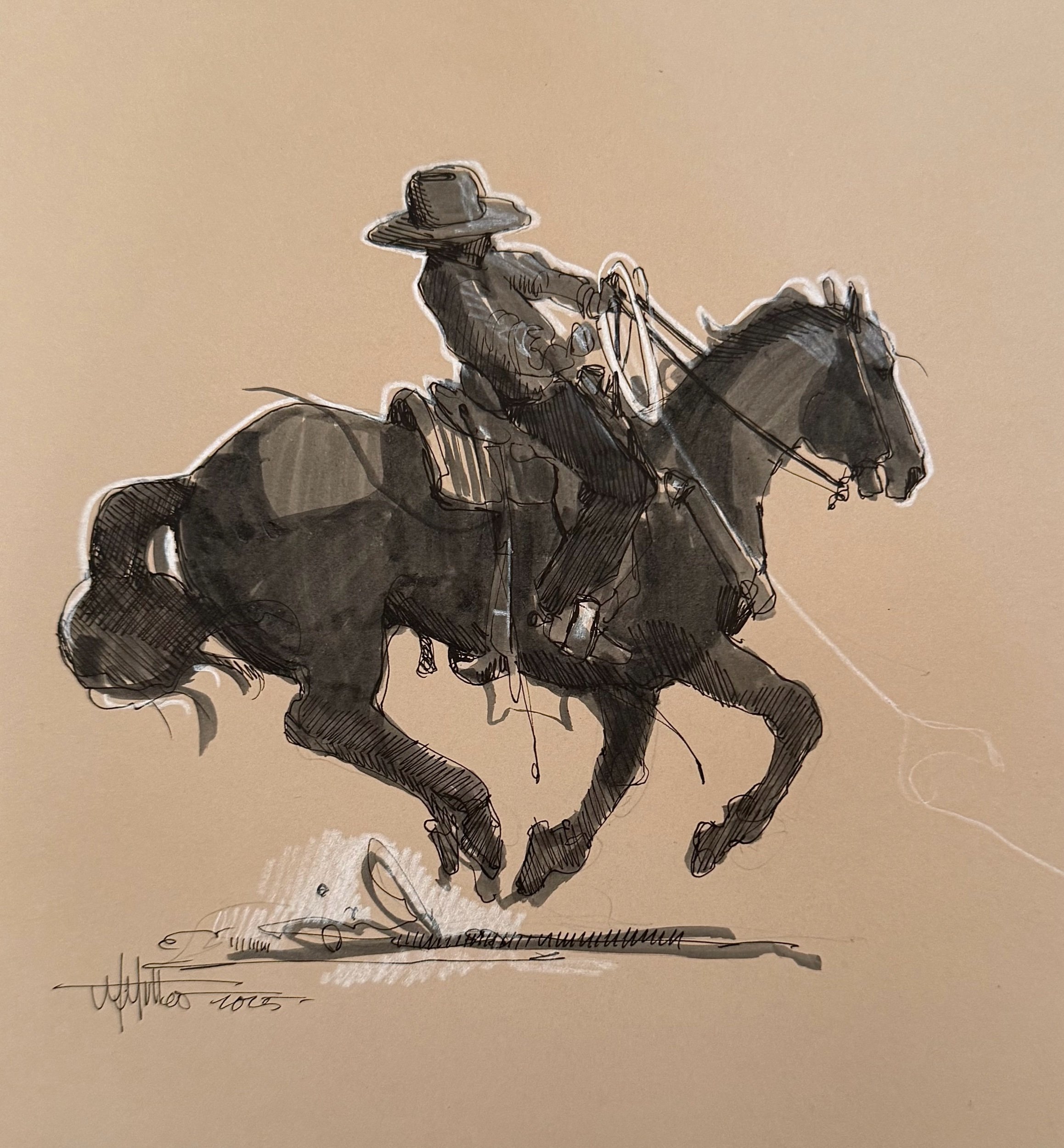 cowboy sketch, 8x8 ink on paper 