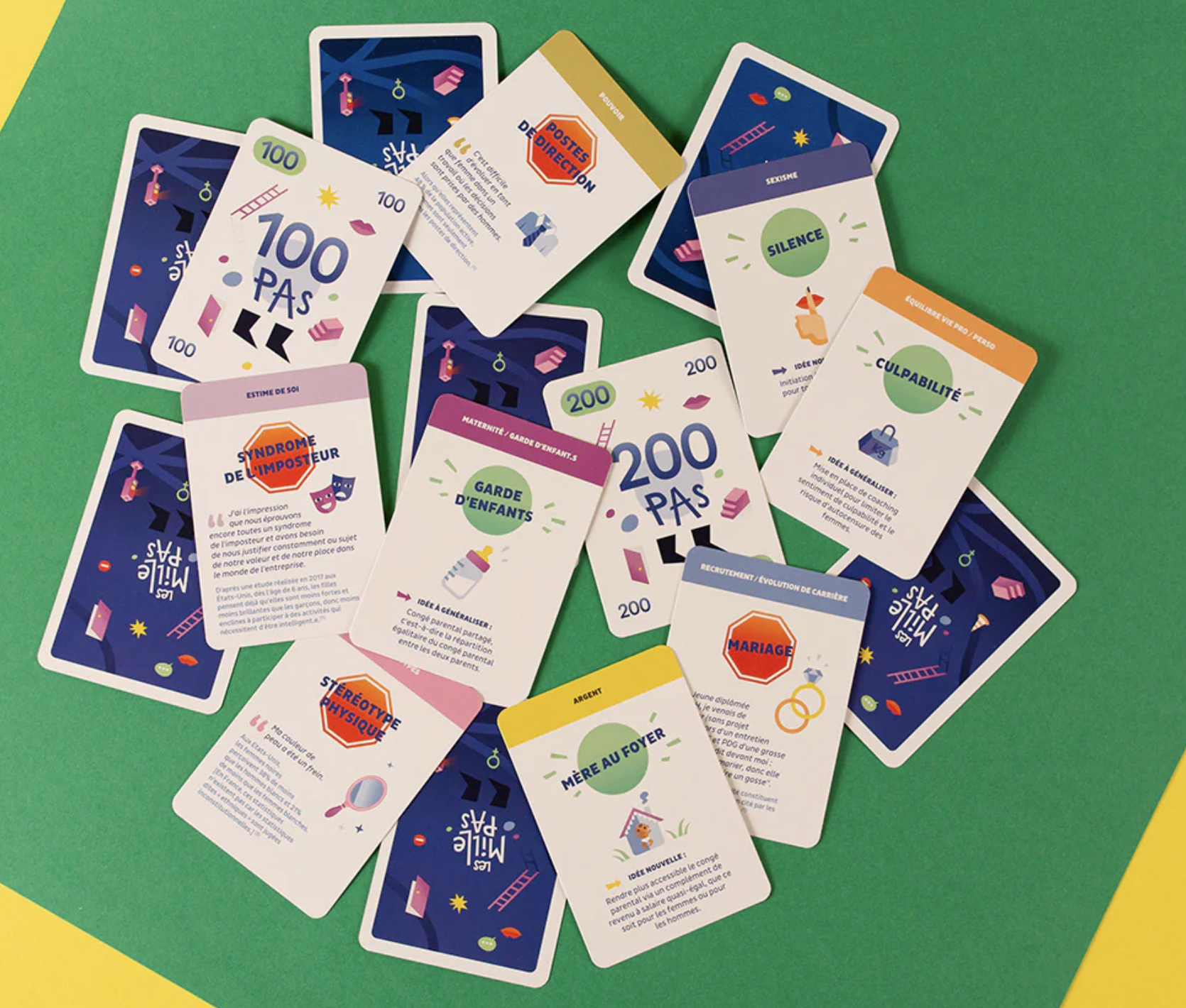Jeu de cartes à jouer, comprenant des cartes violettes, blanches, roses, jaunes et orange avec des textes et illustrations sur des thèmes comme silence, culpabilité, stéréotype, mariage, mère au foyer, etc., disposées sur un fond vert avec un bord jaune.