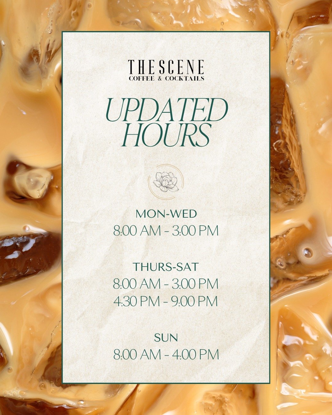 To make room for you in the evenings, we've made some slight adjustments to our hours starting today. The Cocktail Lounge at The Scene launches Thursday, 6/11, at 4:30 PM. See you there 🥂