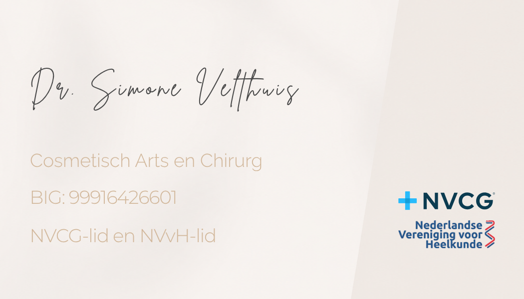 Visiting card of Dr. Simone Vettweis with her profession, BIG registration number, and memberships, along with the logos of the NVGC and Nederlandse Vereniging voor Heelkunde.