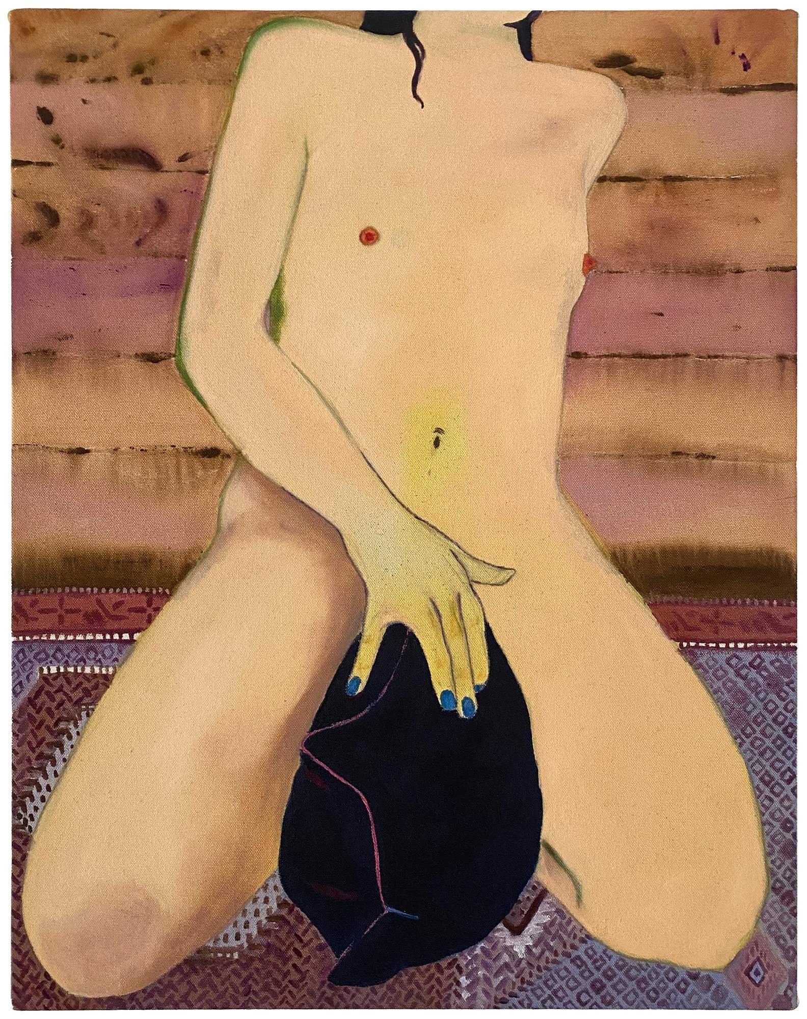 girl and pillow, 2025, acrylic, oil and water color pencil on canvas