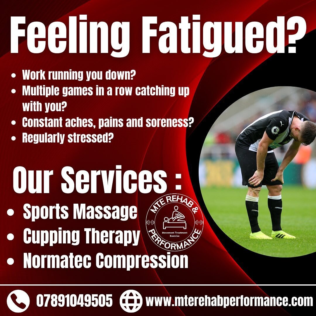 𝐅𝐞𝐞𝐥𝐢𝐧𝐠 𝐅𝐚𝐭𝐢𝐠𝐮𝐞𝐝?

- Working running you down?
- Multiple games in a row catching up with you?
- Constant aches, pains and soreness?
- Regularly stressed? 

𝗦𝗽𝗼𝗿𝘁𝘀 𝗠𝗮𝘀𝘀𝗮𝗴𝗲, 𝗖𝘂𝗽𝗽𝗶𝗻𝗴 𝗧𝗵𝗲𝗿𝗮𝗽𝘆 &amp; 𝗡𝗼𝗿𝗺𝗮𝘁?
