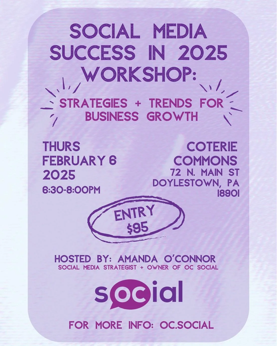 We&rsquo;re so thrilled to announce our first social media workshop! Join us for what will hopefully be the first of many! 💜

✨ Strategies + Trends For Business Growth ✨
📆 Thursday, Feb 6 | 6:30-8:00PM
📍Coterie Commons | 72 N Main St. Doylestown, 